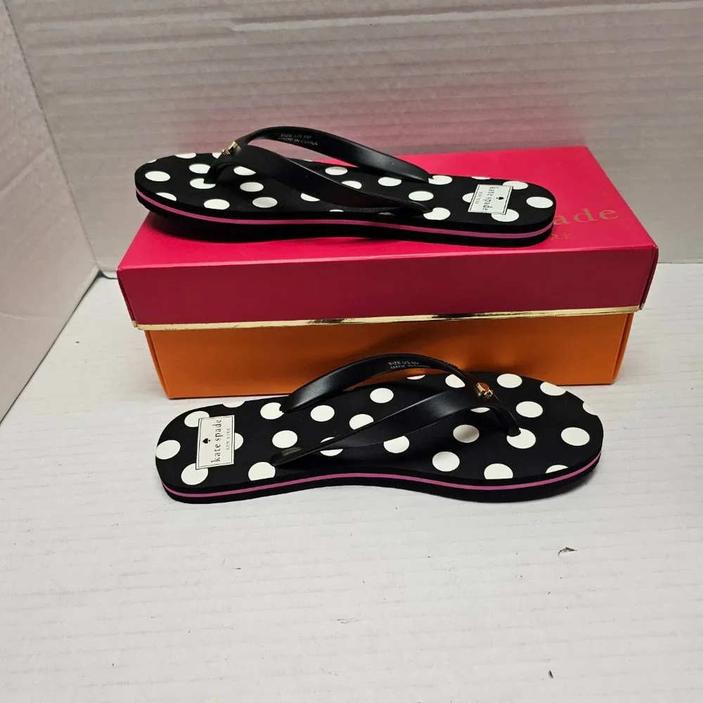 New Kate Spade New York Black White Polka Dot Flip Flops Pink Stripe Sandals 9 M